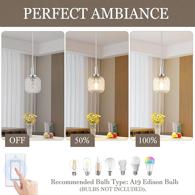 Brushed Nickel Pendant Lights Kitchen Island 2 Pack, 5.9" Modern Glass Pendant Light with Clear Glass and Rods, Mini Hanging Lighting for Kitchen Sink Bathroom Bedroom, OS-YQ7749-2PBN