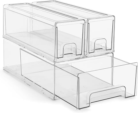 Sorbus 1 Medium & 2 Small Clear Stackable Storage Drawers – Plastic Organizer Bins with Handles – Stackable Pull-Out Storage Drawers for Closet, Pantry, Office, Bathroom, Craft, and Toy Organization