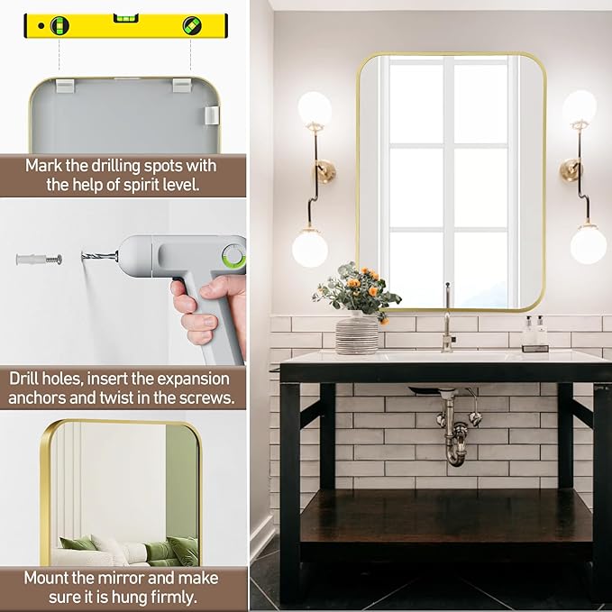FARMER 22x30 Inch Matte Gold Bathroom Mirrors for Wall, Brushed Bathroom Vanity Mirror with Rounded Edge, Metal Framed Rectangle Mirrors for Bathroom or Living Rooms, Hangs Horizontally or Vertically