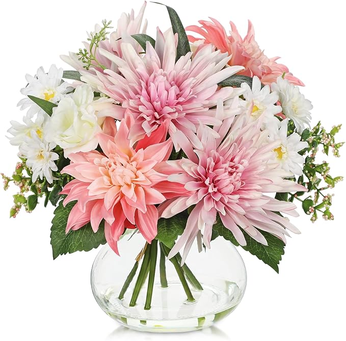Briful Fake Flower Arrangement in Glass Vase, 11" Faux Dahlia Silk Flowers Centerpiece Table Decorations Pink Mixed Floral Bouquet for Home Office Dining Room Coffee Table Wedding Decor
