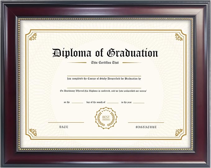 GraduatePro 8.5x11 Diploma Frame, Picture Frame for Wall and Tabletop Display with UV Protection Acrylic, Professional Wooden Look, Mahogany with Gold Beaded