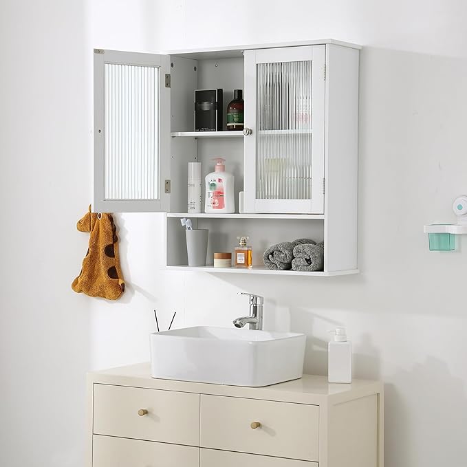 LITA Bathroom Wall Cabinet with Glass Doors, Medicine Cabinet with Adjustable Shelves, Space Saver Over Toilet Storage Cabinet for Bathroom, Living Room, Kitchen, White