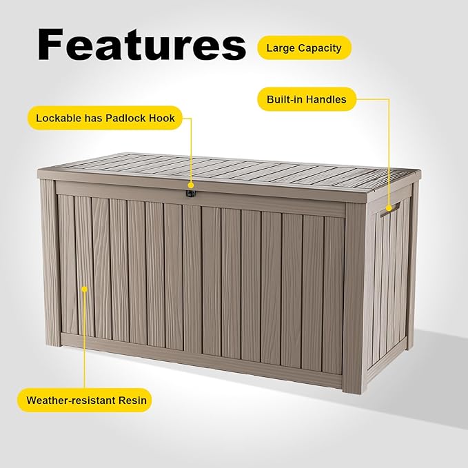 Gallon Large Deck Box,Resin Outdoor Storage Box with Lockable for Patio Furniture, Pool Accessories, Garden Tools Waterproof Outside Storage Box, Grey