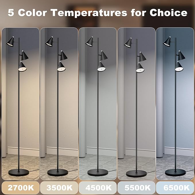 Floor Lamp 3 LED Lights with Magnetic Remote Control Tall Standing Rotatable Dimmable Lighting 5 Color Temperatures 6500K 25W 63" for Bedroom Reading Room Office