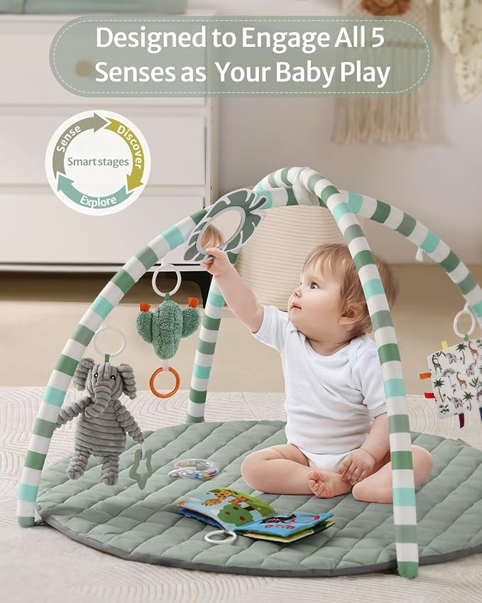 Blissful Diary Baby Play Gym Mat, Tummy Time Mat with 6 Detachable Toys for Stage-Based Sensory & Motor Skill Development, Baby Activity Mat Easy to Install & Clean, Baby Essentials Gift, Sage Green