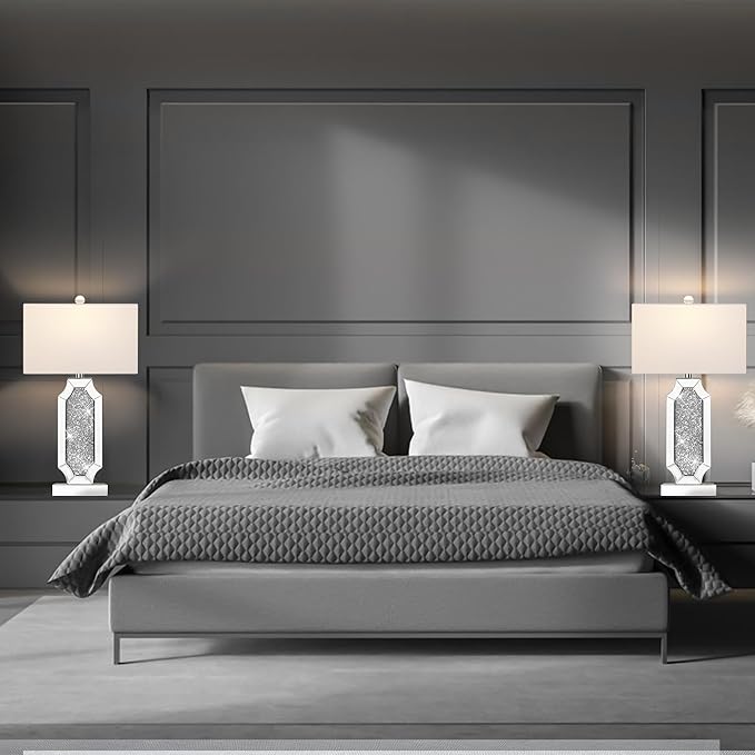 3-Way Dimmable Touch Diamond Crushed Mirrored Bedside Table Lamps Set of 2 for Living Room with USB A+C Ports,Tall Silver Modern Bling Nightstands Lamps for Bedroom with 2 Bulbs