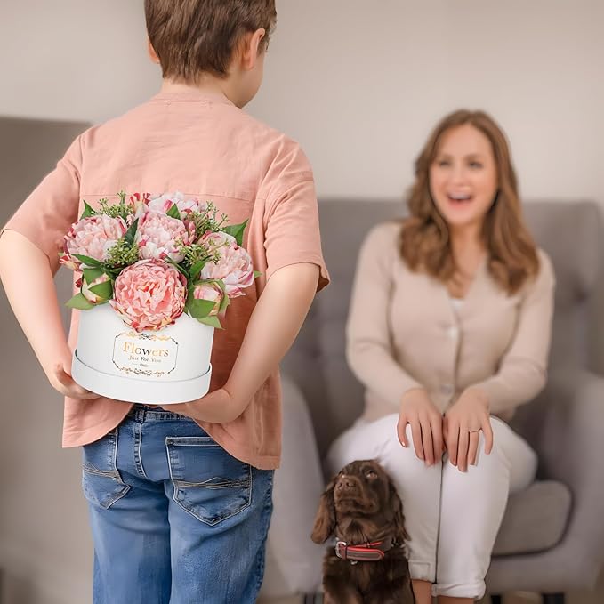 Hollyone Pink Peonies Artificial Flowers in Vase Round Gift Boxes with Fake Flowers Arrangements Faux Flowers Floral in Box Vase for Her Mothers' Day Valentine's Day Christmas Birthday Graduation Gift