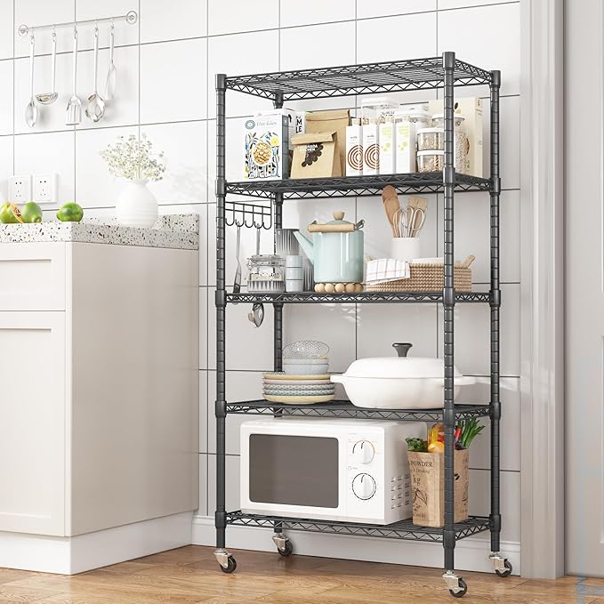 Homdox 5 Tier Metal Storage Shelves with Wheels, Heavy Duty Wire Shelving Unit, Adjustable Storage Racks with Side Hooks for Bathroom Kitchen Garage Pantry Organization, Black