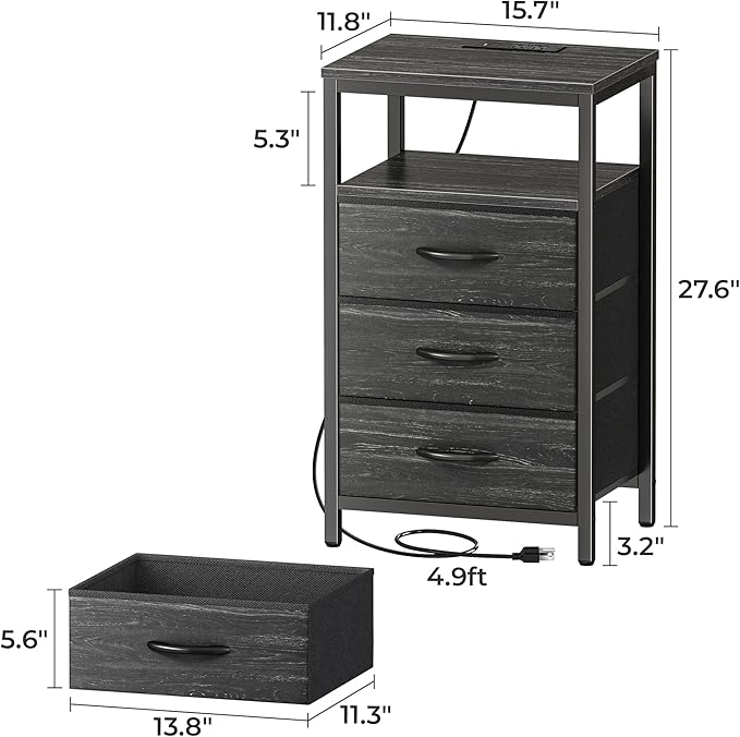 Huuger Nightstand with Charging Station, 27.6 Inch End Table Bedside Table with USB Ports and Outlets, Night Stand for Bedroom, Fabric Drawers, Charcoal Black Wood Grain Print
