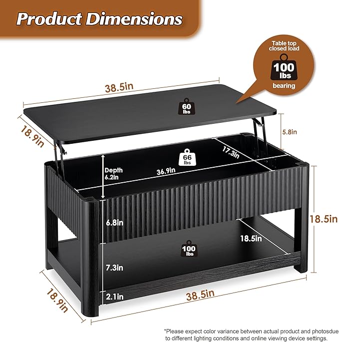 Lift Top Coffee Table with Storage, Mid Century Modern Coffee Table with Hidden Compartment, Fluted Wood Center Table for Small Space, Living Room, Home Office(Black)