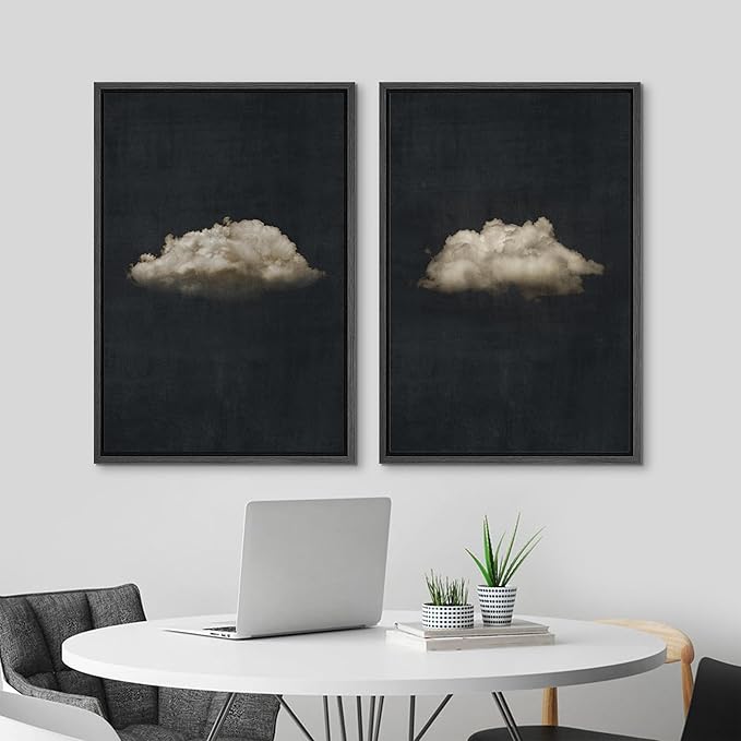 MUDECOR Framed Canvas Print Wall Art Minimalist Cloud on Dark Background, Modern Monochrome Nature Illustrations Modern Art Decorative Multicolor Minimalism for Bedroom - 24"x36"x2 Black