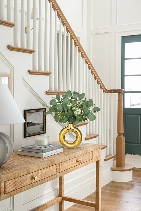 Artificial Eucalyptus Stems in Ceramic Vase 14.23" Fake Eucalyptus Plant Decor Gold Donut Vase with Greenery Centerpiece Table Decorations Small Faux Green Plant for Home Farmhouse Wedding Table Decor
