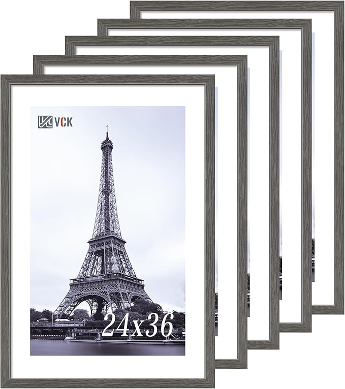 VCK 24x36 Poster Frame 5 Pack, Gray Solid Wood Picture Frame, Exclusive Wood Grain, Wall Mounting Hanging