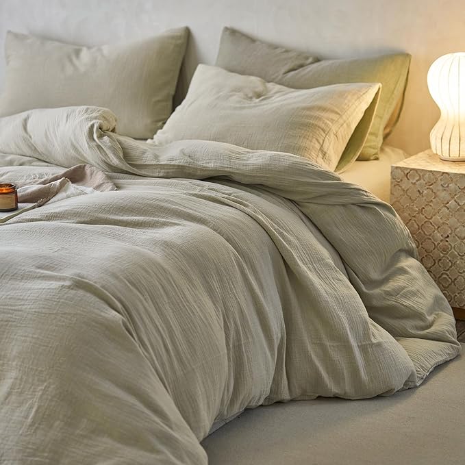 VM VOUGEMARKET Muslin Cotton Duvet Cover Queen Size-Ultra-Soft, Breathable & Lightweight Linen Like Gauze Textured Comforter Cover with Zipper Closure Minimalist Duvet Cover Set- 90"x90",Light Yellow