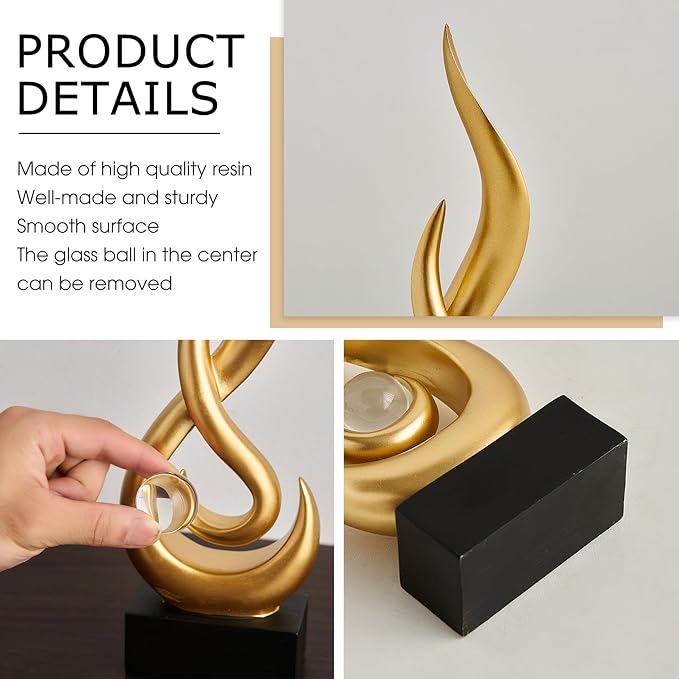 FJS Gold Decor Modern Flame Statue Home Decorations for Living Room, 11.8" H Shelf Decor Accents, Abstract Art Resin Sculpture for Dining Room Office Coffee Table Centerpiece