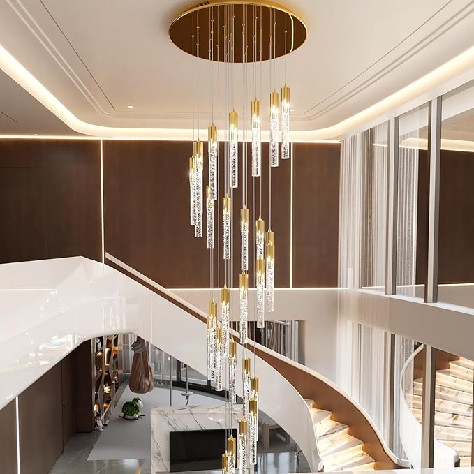 Flashing God Gold 28 Lights Large Foyer Chandeliers for High Ceilings 12 feet Long Spiral Stair Pendant Chandelier Crystal Ceiling Light Fixtures Dimmable 2700k-4500k-6000k