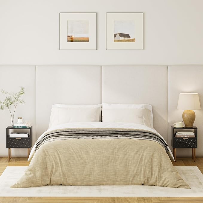 Nightstand,Morden Bedside Table with Gold Frame,Small White Night Stand,End Table,Bedside Furniture,Side Table with Drawer and Shelf for Bedroom,Living Room (1Drawer, Black-Square)