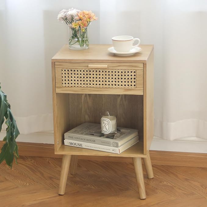 MaxSmeo Rattan Side Table, Small Bedside Tables Natural Wood Nightstand with Drawer and Open Shelf, Modern Nightstand with Solid Legs (Natural Walnut)