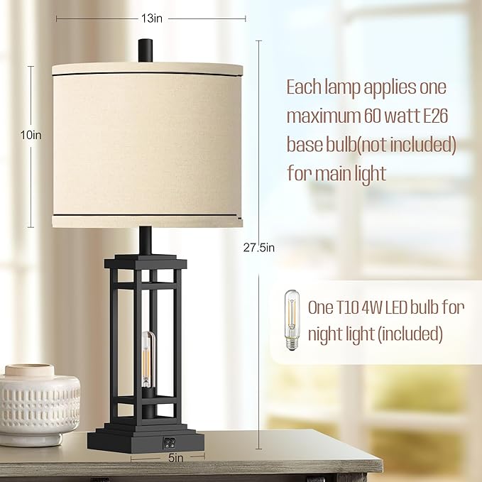 ROTTOGOON 27.5 Tall Farmhouse Table Lamp with USB C + USB A Charge Ports, Rustic Living Room Lamp, Black Industrial End Table Lamp for Bedroom Living Room Nightstand (Black)