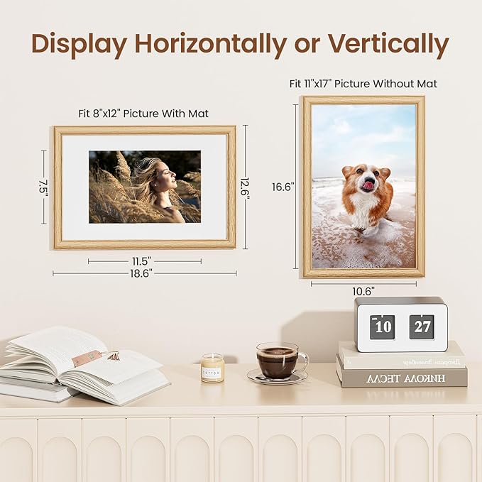 11x17 Picture Frame, Natural Solid Wooden Picture Frames with Tempered Glass, Display 8x12 with Mat or 11 x 17 Without, Vertical or Horizontal Wall Hanging Photo Frame, Natural Oak Color, 3 Pack