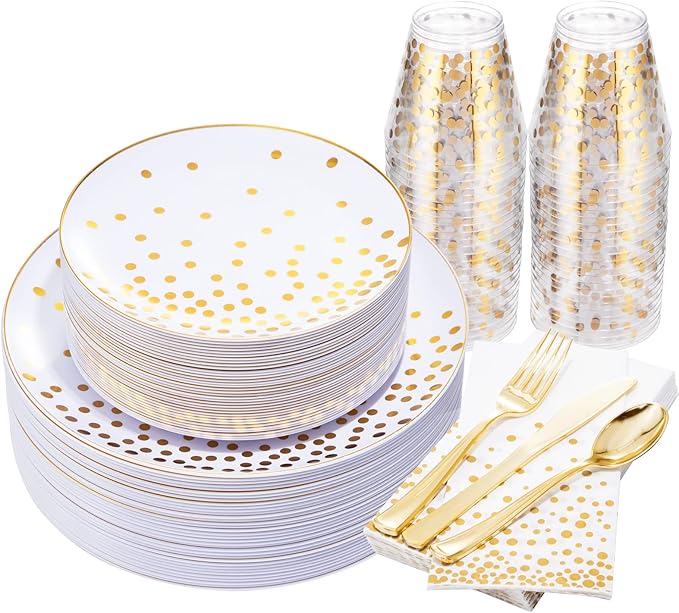 U-QE 350PCS White and Gold Plastic Dinnerware Set - Graduation Plates and Napkins 2025 - Graduation Party Supplies Include Gold Dot Plastic Plates, cutlery, Napkins, Cups