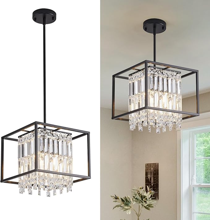 Kitchen Island Pendant Lighting,Modern Industrial Crystal Black Pendant Light Fixture,Adjustable Pendant Hanging Light for Dining Room Living Room Foyer Hallway Entry (4 Lights 11.8")