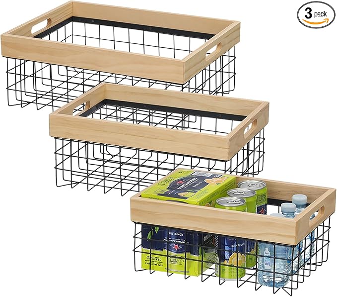 Set of 3 Metal Wire Baskets for Organizing Wood Top with Handles Storage Organizer Farmhouse Decor for Kitchen Cabinets Pantry Laundry Room Bathroom Closets Nesting Countertop Baskets