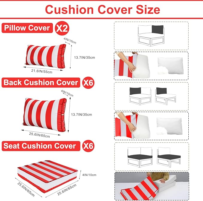 Outdoor Furniture Replacement Cushions, 14 Pcs Water-Resistant Replacement Sofa Cushion for Patio Garden Porch (Liner&Cover,Only Cushions No Sofa) (Red and White Stripes)