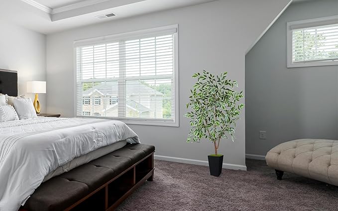 Artificial Ficus Plant 5ft, Fake Tree with Black Tall Planter, Faux Ficus Leaves Trees in Pot, Artificial Floor Plants for Home Living Room Office Bedroom Foyer Porch Decor Indoor