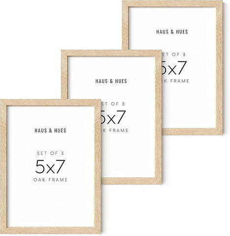 HAUS AND HUES Beige Wood Picture Frames 5x7 - Set of 3 for Gallery Wall, Collage Wall Decor, Photo Frames (Beige Oak)