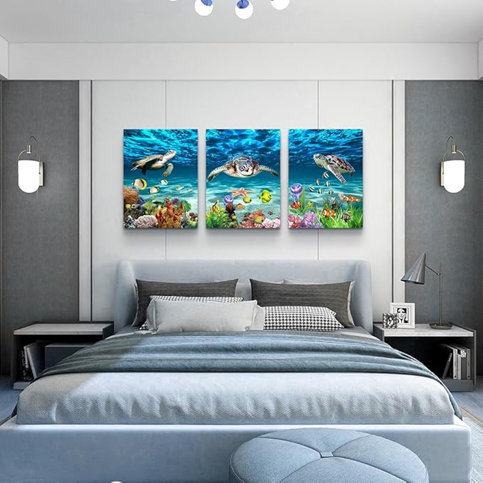 DZRWUBHS Large Canvas Art - Blue Ocean Sea Turtle Wall Painting Set of 3 for Living Room, Bedroom, Modern Office, Bathroom Decor