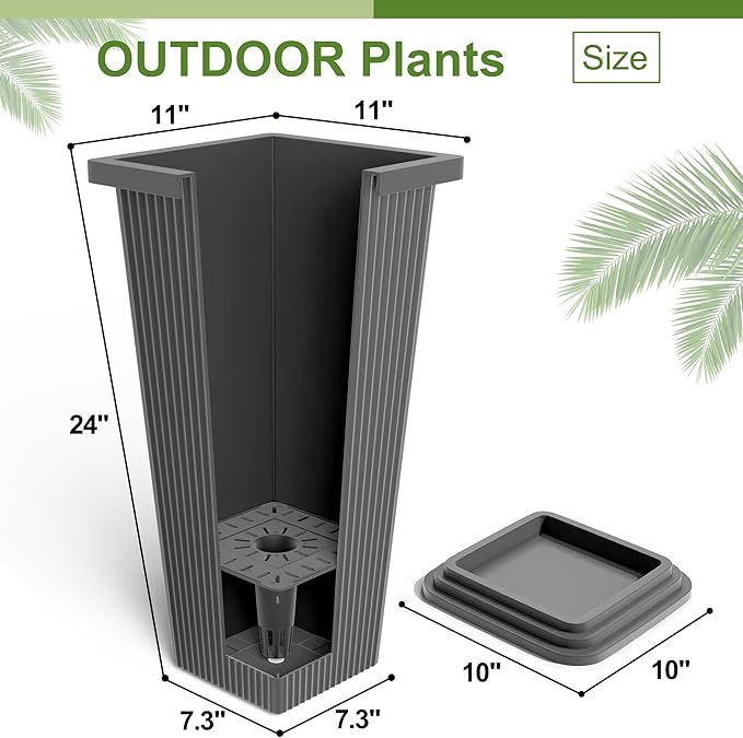 24-Inch Tall Planters Set of 2 for Outdoor and Indoor Use,Tapered Flower Pots with Drainage Tray, Front Porch and Patio Decor,Ideal for Large Plants (Stripes-Grey)