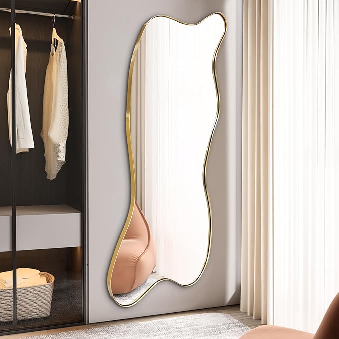 Large Gold Irregular Mirror, Asymmetrical Mirrors Full Length, 59.8"x23.6" Standing Floor for Dressing, Metal Frame Waved Shaped Mirror for Living Room Bathroom Bedroom Hallway Entryway