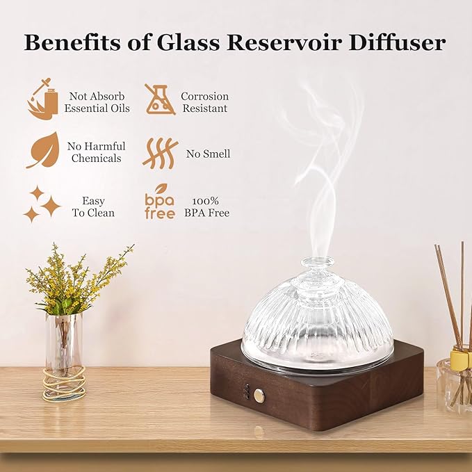 Glass Essential Oil Diffuser with Glass Reservoir & Wood Base, 200ml Ultrasonic Lock Color Timer Auto-Off 7 Color Light Aroma Glass Dome Diffuser for Home Office Bedroom Yoga - Dark Brown