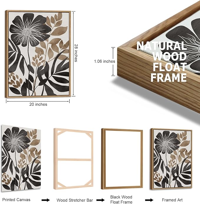 Large Framed Canvas Wall Art - Natural Float Framed Rustic Black Flowers Leaves Pictures Decor Brown Floral Foliage Artwork for Bedroom Living Room Kitchen Home Office Decoration 60" X 28" Set of 3