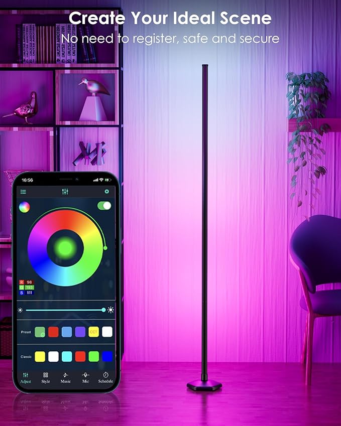 1PCS Corner Floor Lamp,RGB LED Corner Lamp with Remote Control,65" Color Changing Mood Light with Smart App and Remote Control Modern Floor Lamp with Music Sync for Bedroom, Living Room Gaming Room