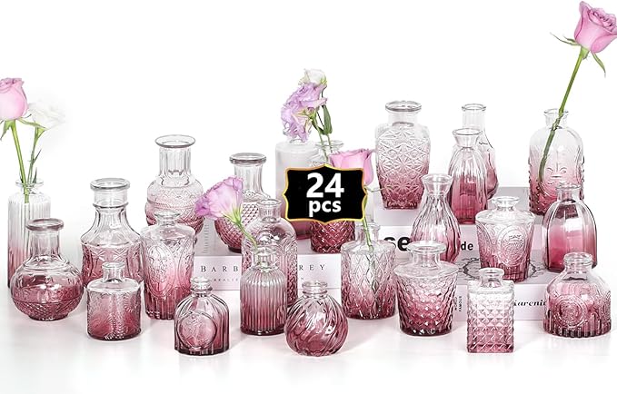 24PCS Mini Bud Vases As Wedding Centerpieces for Tables,Clear Bud Vases for Flowers,Small Flower Vases Suitable for Birthday Party,Anniversary,Wedding Reception,Baby Shower (Purple)