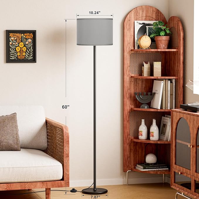 Ambimall 60'' Modern Floor Lamp with Shade, Tall Lamps for Living Room, Bedroom, Office, Dining Room, Grey Shade with Black Pole(Without Bulb)