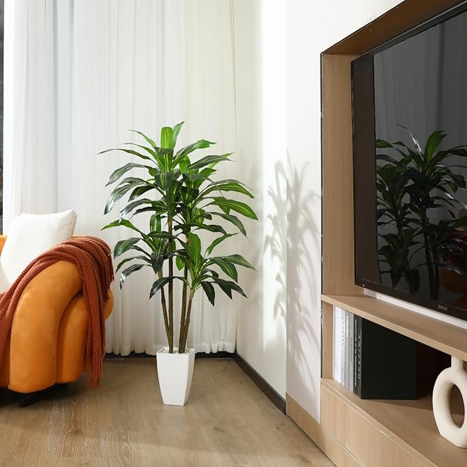 Artificial Plants,4FT Dracaena Tree Faux Plants with White Taper Planter,Tall Fake Plant for Indoor,Fake Tree for Home Decor Office Living Room Porch