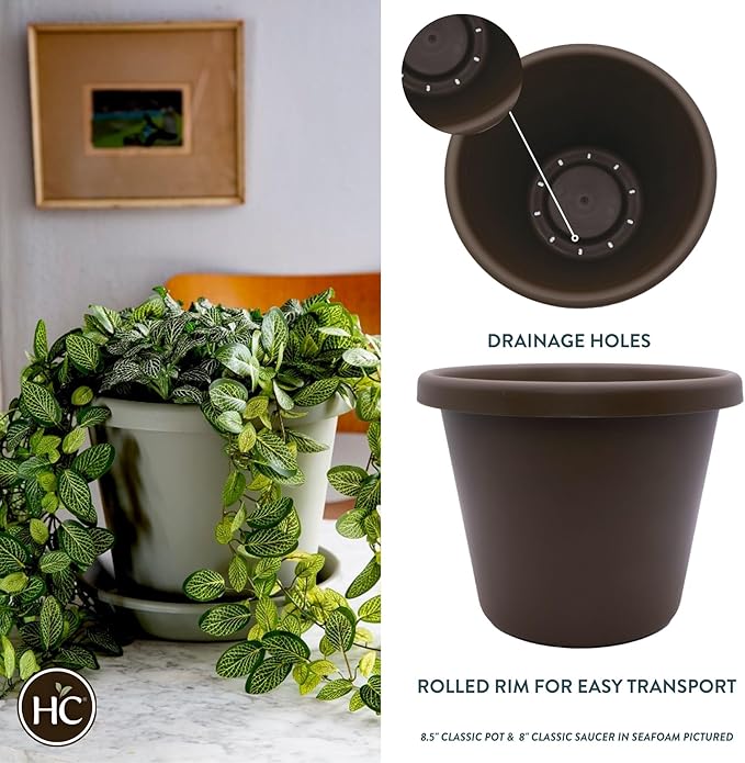 8.5 inch Round Classic Planter - Plastic Plant Pot for Indoor Outdoor Plants Flowers Herbs, Chocolate