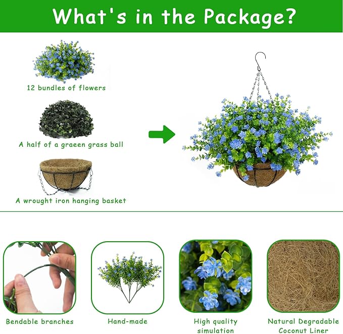 Artificial Hanging Flowers Basket, 12 UV-Resistant Bundles of Realistic Fake Flowers, Faux Plants for Outdoor Decor, Home, Garden, Porch, Patio, Spring & Summer Decorations, Blue