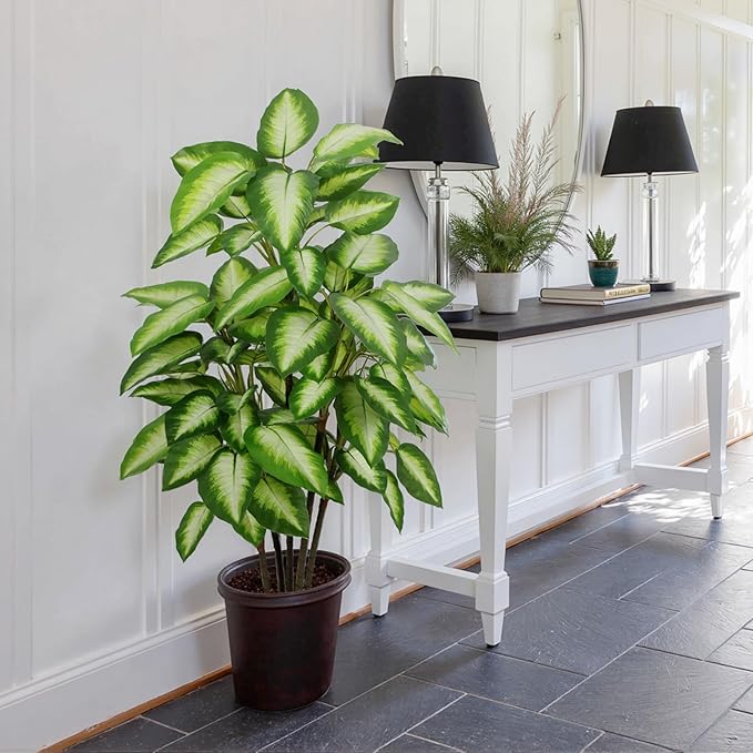 Artificial Golden Dieffenbachia 4ft Tall Artificial Plants Indoor Decorative Silk Plants Potted Faux Tropical Plants Lifelike House Floor Large Fake Plants for Home Living Room Decor