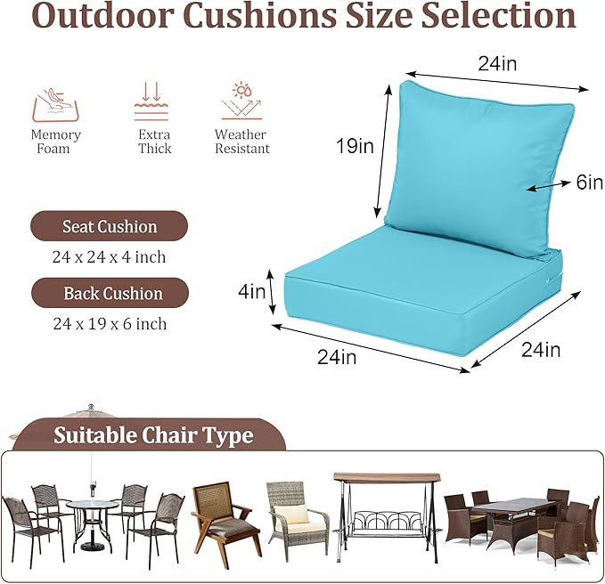 Outdoor Deep Seat Cushions for Patio Furniture Set of 2, Waterproof Outdoor Chair Cushions 24 x 24 x 4'' Patio Furniture Cushion with Fade Resistant Removable Cover, Handle & Straps, Lake Blue