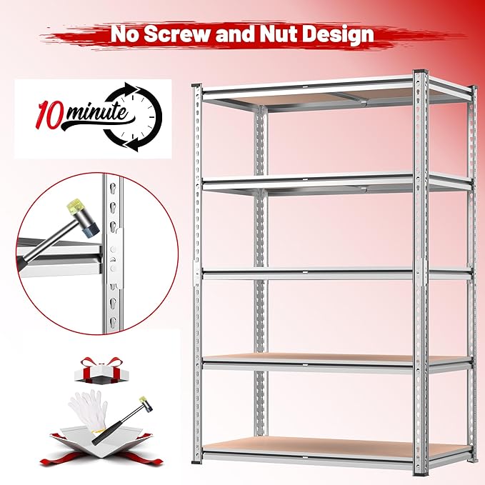 REIBII 2020LBS Garage Shelving Heavy Duty 5-Tier Storage Shelves Adjustable Metal Shelving for Warehouse, Basement, Easy Assembly, 72" H x 35.55" W x 16" D, Galvanized