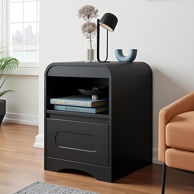 Night Stand Nightstand with Drawer Storage Curved Bed Side Table End Table Large Modern Wide Bedside Stand Tall Night Stands for Bedroom Living Room Sofa Couch Home Office, Black