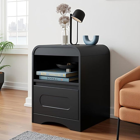 Night Stand Nightstand with Drawer Storage Curved Bed Side Table End Table Large Modern Wide Bedside Stand Tall Night Stands for Bedroom Living Room Sofa Couch Home Office, Black