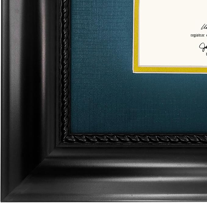 11x14 Diploma Degree Frame with Navy Mat or Display 15x18 Certificates without Mat,Solid Wood,Black Finish with Intricate Black Rope Detail,UV Protection Acrylic