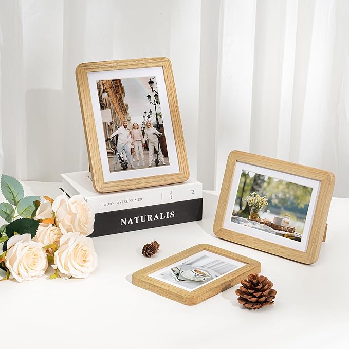6x8 Round Corner Picture Frame, Solid Oak Wood Frame With Mat For 5x7 And Plexiglass, Includes Hanging Hardware For Wall Or Tabletop Photo Frame, Natural Oak, 3 Pack