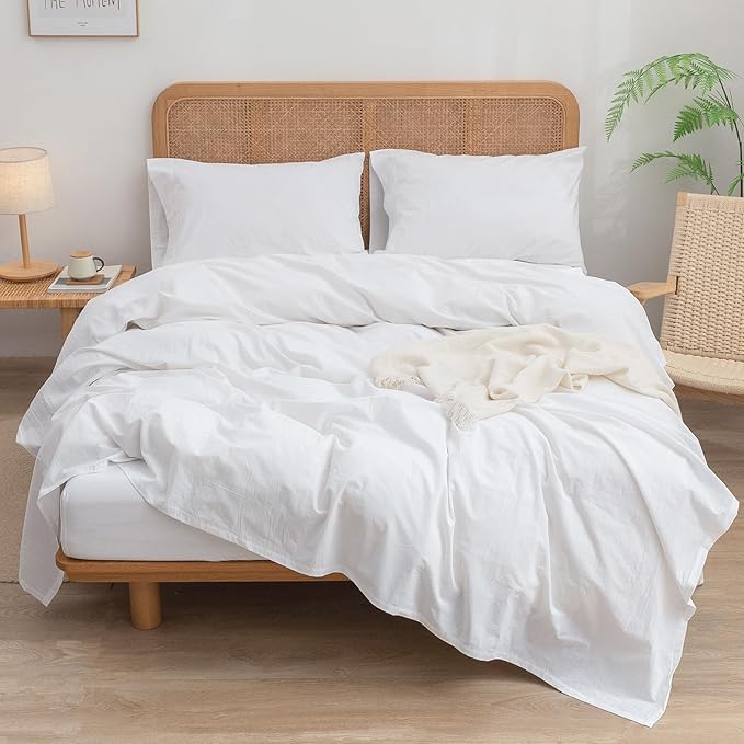 BESTOUCH Sheet Set 100% Washed Cotton Linen Feel Super Soft Comfortable Chic Lightweight 4 Pcs Home Bedding Set Solid Bright White Queen