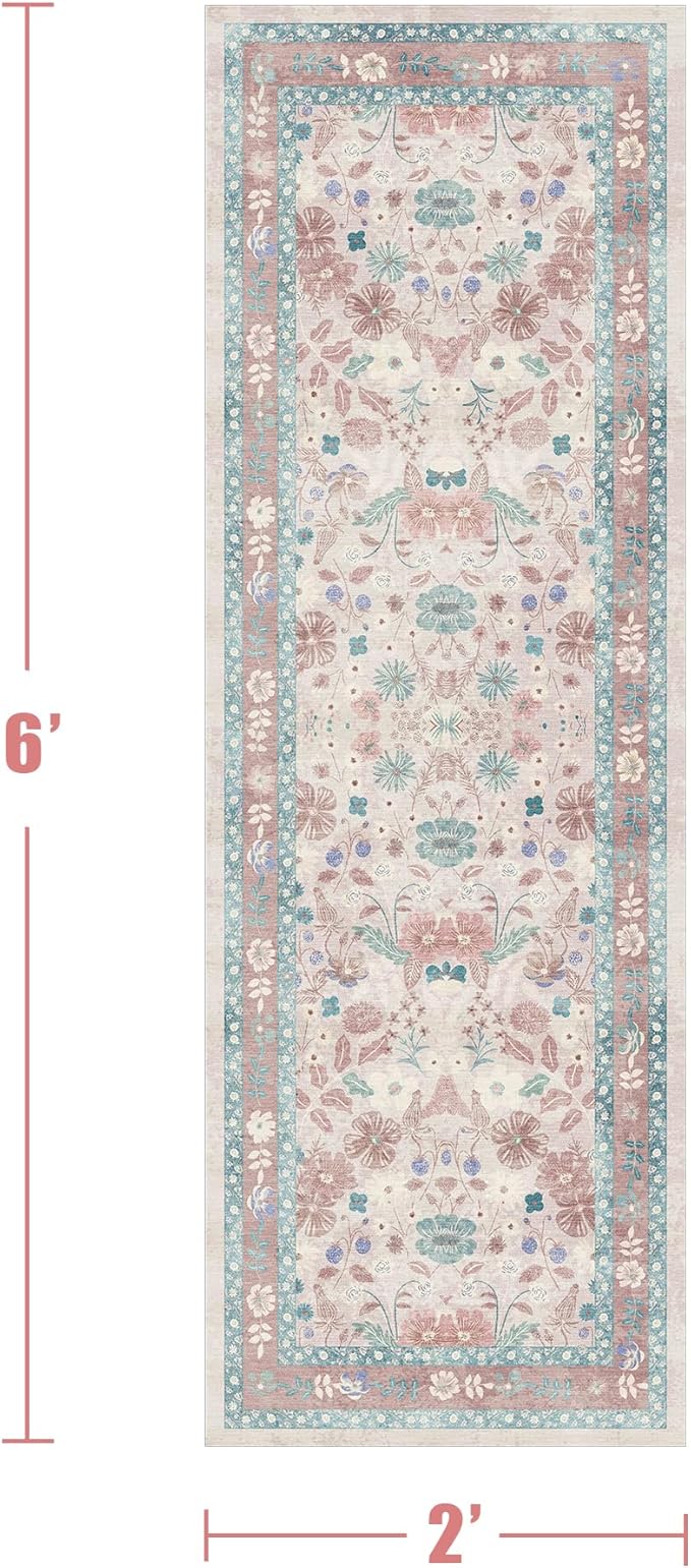 Pink Floral Runner Rug 2x6 for Kitchen Hallway Bedroom Deerly Vintage Boho Washable Bathroom Runner Rugs Non-Slip Soft Low Pile Thin Indoor Carpet for Laundry Room Farmhouse Rug, Light Pink/Blue/Multi